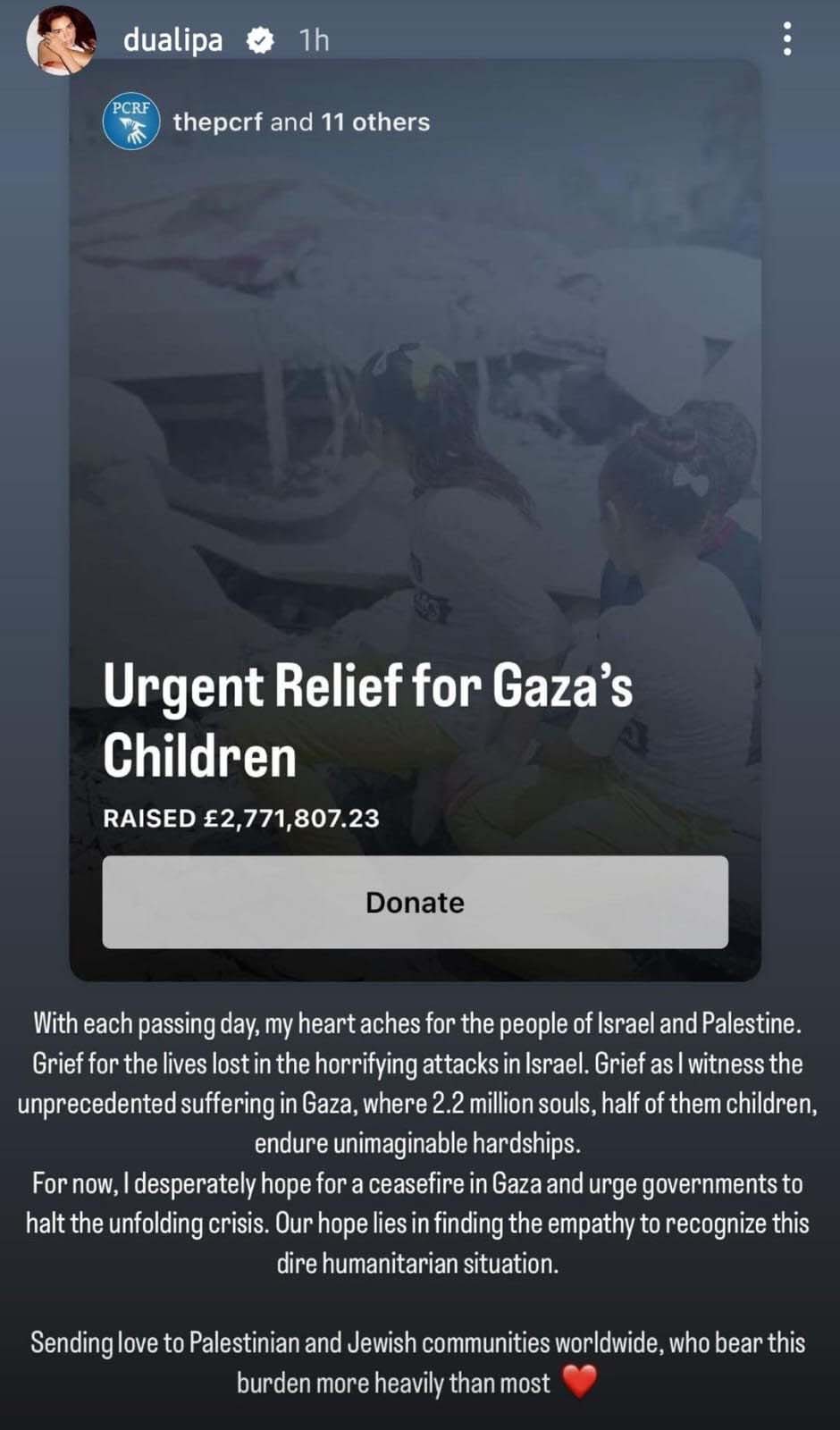 Dua Lipa shares a fundraiser for 'urgent relief for Gaza's children ...